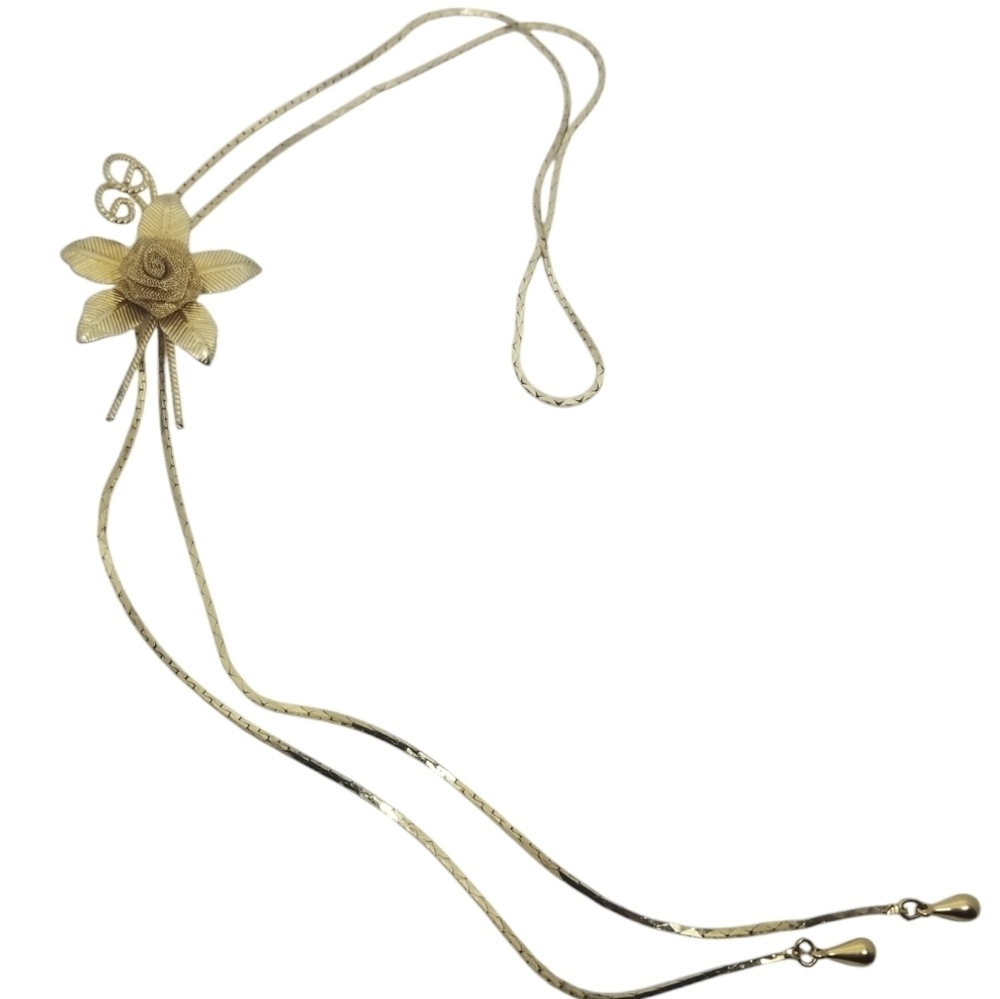VINTAGE GOLDTONE & ROSE LARIAT NECKLACE - Picture 4 of 7
